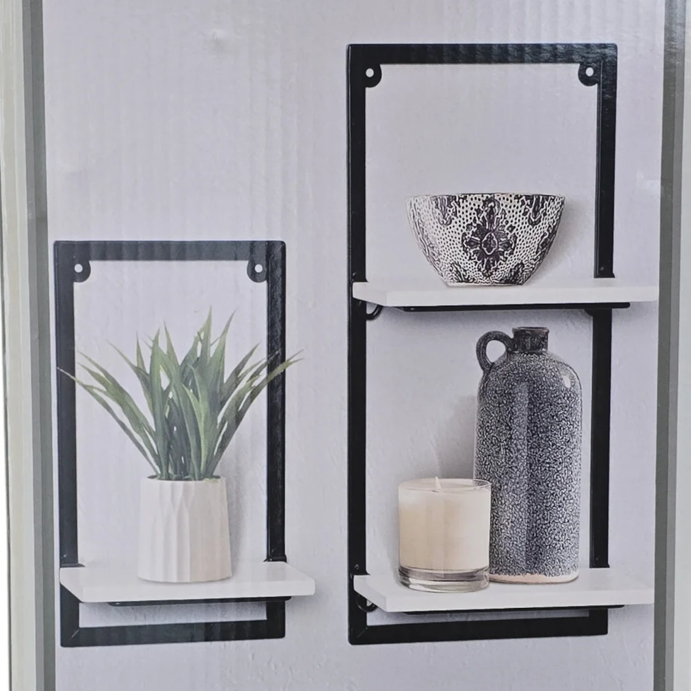 NEW Wall Shelf Set of 2 Black Metal Frames White Board Modern Farmhouse Shelves